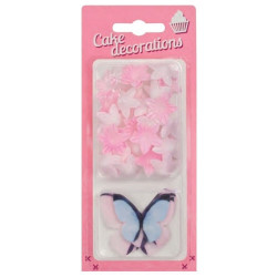Motyle pastelowe + kwiatki mini różowe 5+25 szt. waflowe
