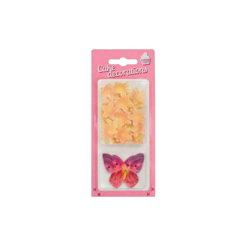 Motyle różowe + kwiatki mini herbaciane 5+25 szt. waflowe