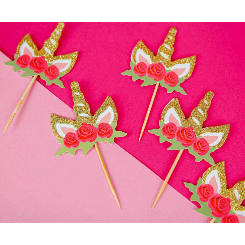 UNICORN cupcake picks with flowers 6 pcs.