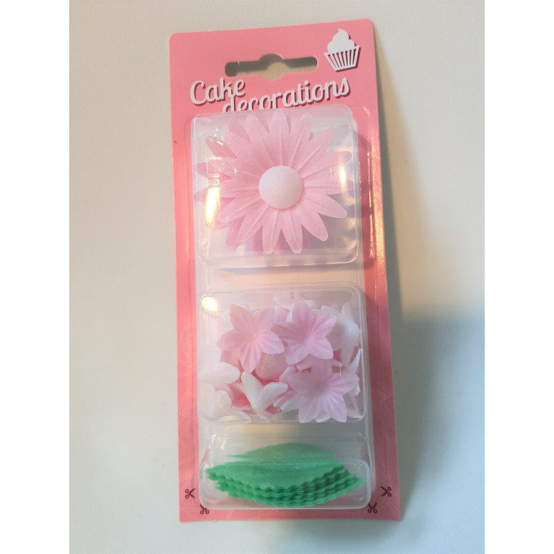 Kwiaty Z Opłatka różowe z listkami waflowe Niezapominajki + Mini