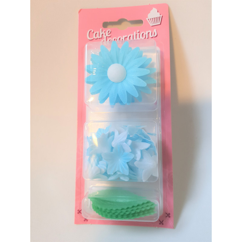 Kwiaty Z Opłatka niebieskie z listkami waflowe Niezapominajki + Mini