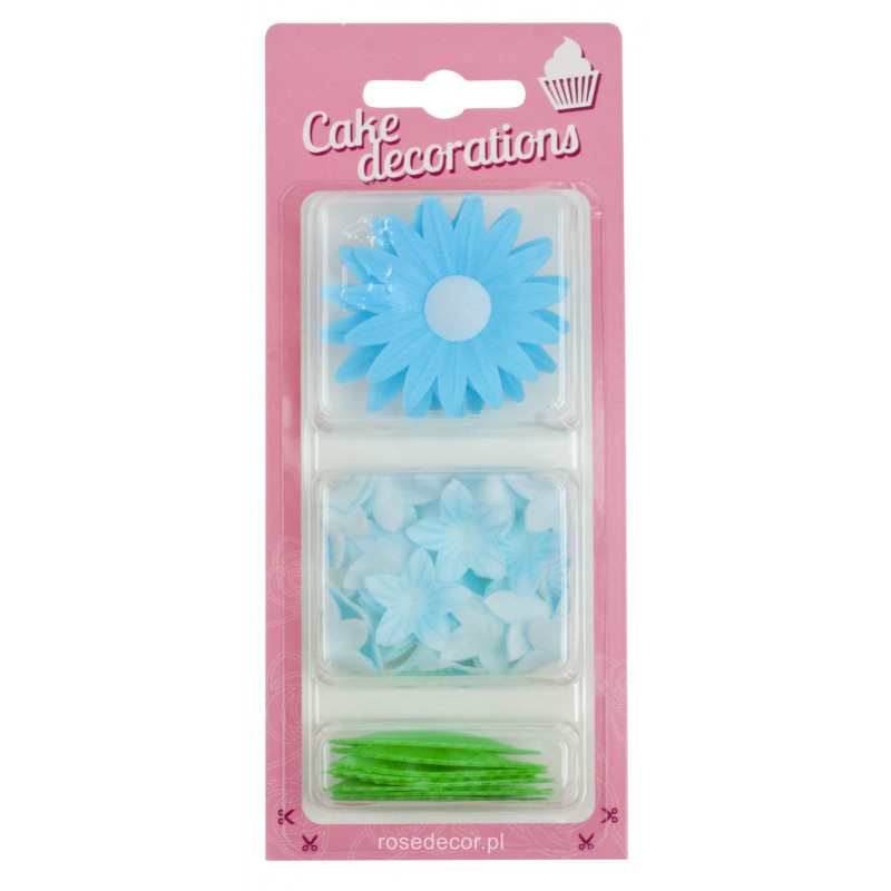 Kwiaty Z Opłatka niebieskie z listkami waflowe Niezapominajki + Mini