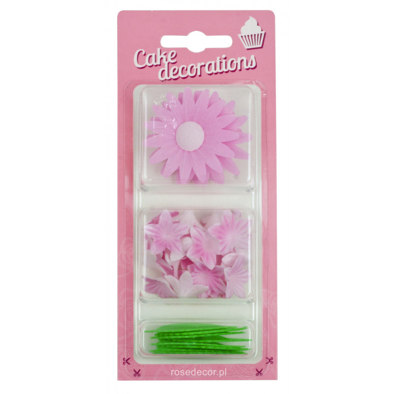 Kwiaty Z Opłatka różowe z listkami waflowe Niezapominajki + Mini