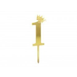 Topper Cyfra 1 z koroną Ozdoba na tort Złoty Pleksi