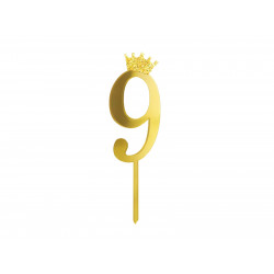Topper číslo 9 s ozdobou na korunku ze zlatého plexiskla