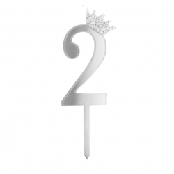 Topper Cyfra 2 z koroną Ozdoba na tort Srebrny Pleksi