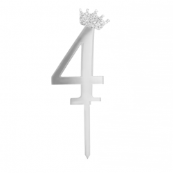Topper Cyfra 4 z koroną Ozdoba na tort Srebrny Pleksi