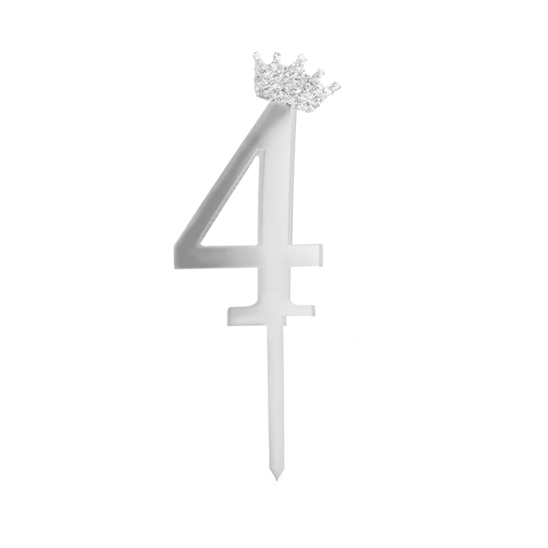 Topper Cyfra 4 z koroną Ozdoba na tort Srebrny Pleksi