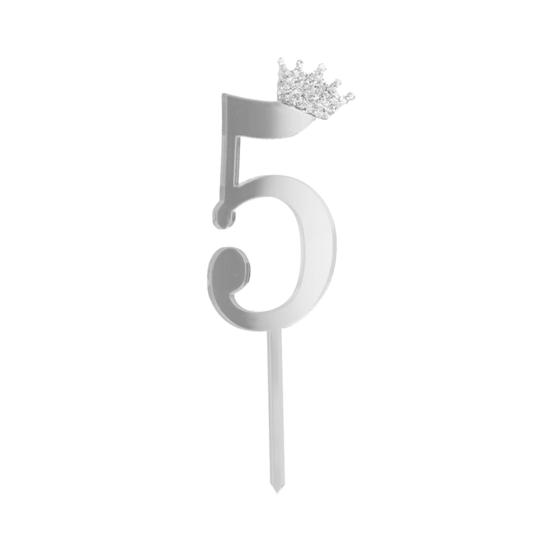 Topper číslo 5 s ozdobou Crown dort Stříbrné plexisklo