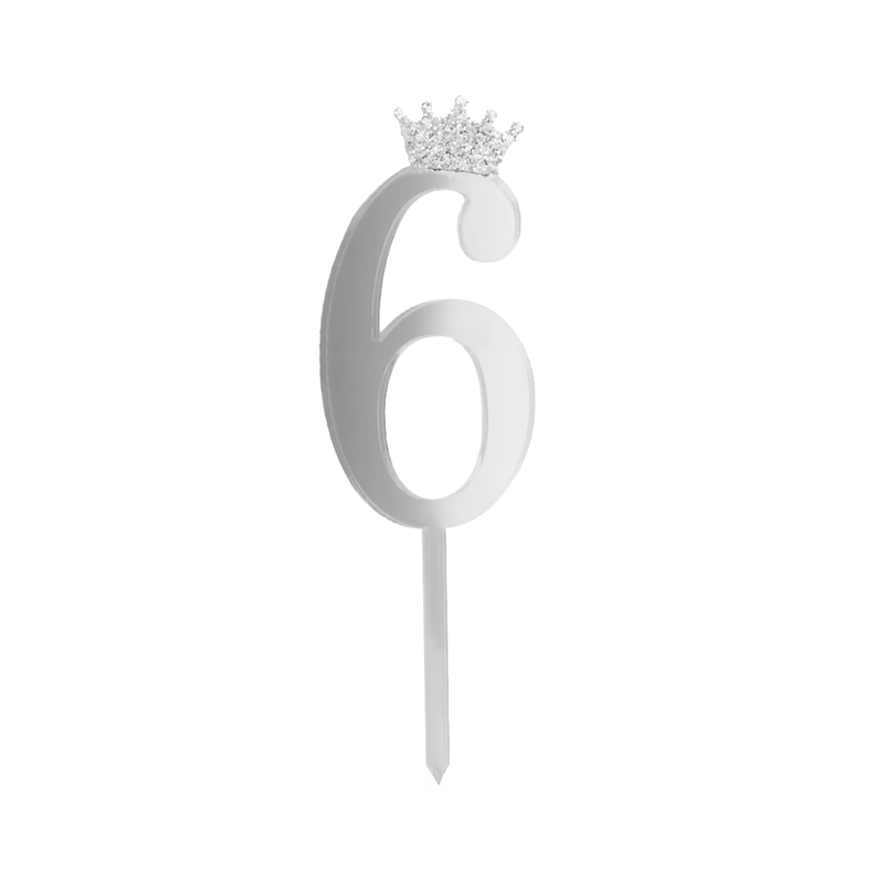 Topper Cyfra 6 z koroną Ozdoba na tort Srebrny Pleksi