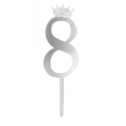 Topper Cyfra 8 z koroną Ozdoba na tort Srebrny Pleksi