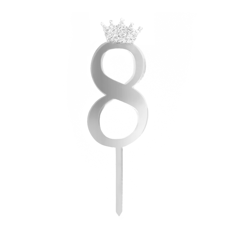 Topper Cyfra 8 z koroną Ozdoba na tort Srebrny Pleksi