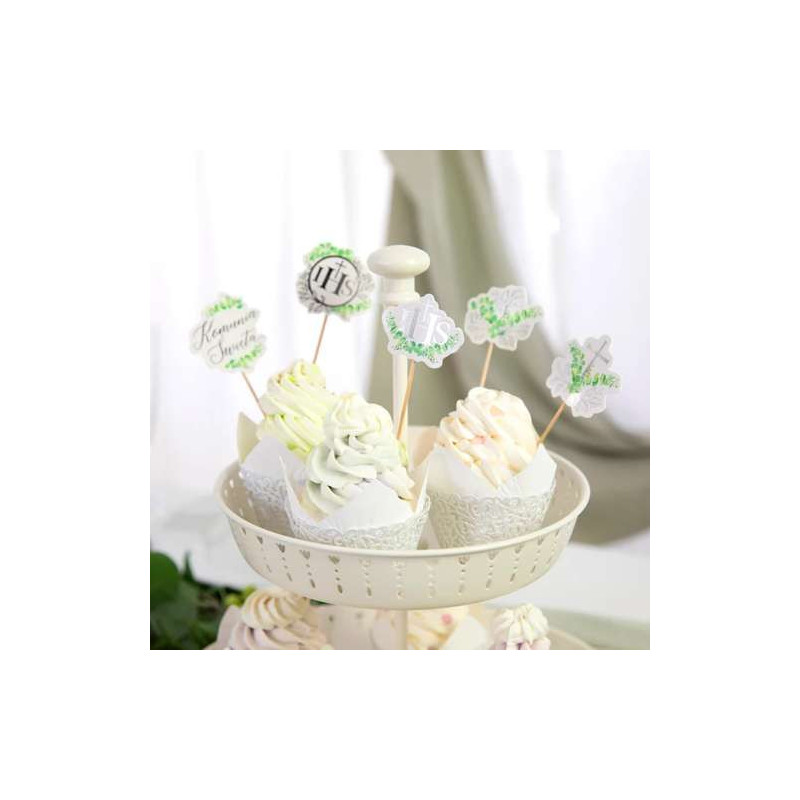 Pikery KOMUNIA Ozdoba na tort 6 szt. Eukaliptus Srebrny