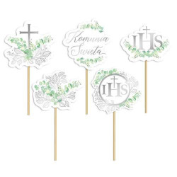 Pikery KOMUNIA Ozdoba na tort 6 szt. Eukaliptus Srebrny