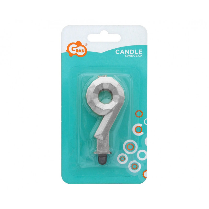 Świeczka cyferka DIAMENT Srebrna 9