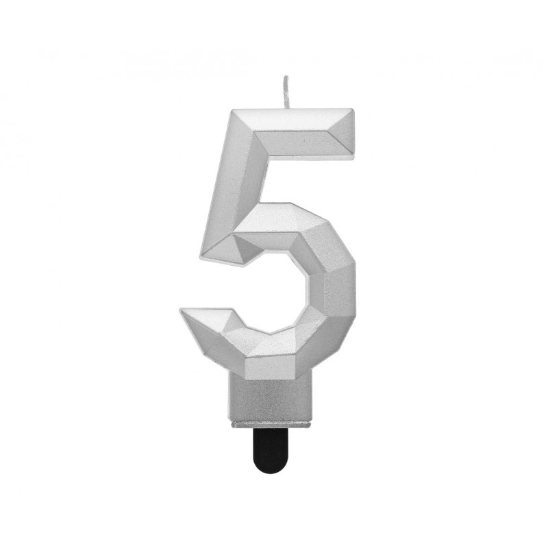 Świeczka cyferka DIAMENT Srebrna 5