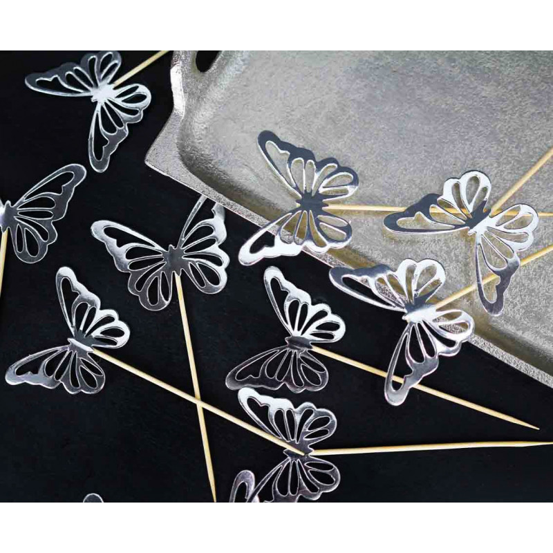 Pikery MOTYLKI srebrne 12 szt. Ozdoba na babeczki