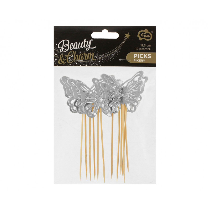 Pikery MOTYLKI srebrne 12 szt. Ozdoba na babeczki