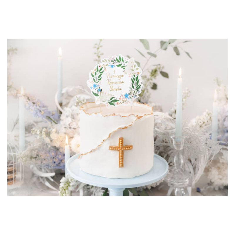 Topper PIERWSZA KOMUNIA Ozdoba na tort Kwiatowy