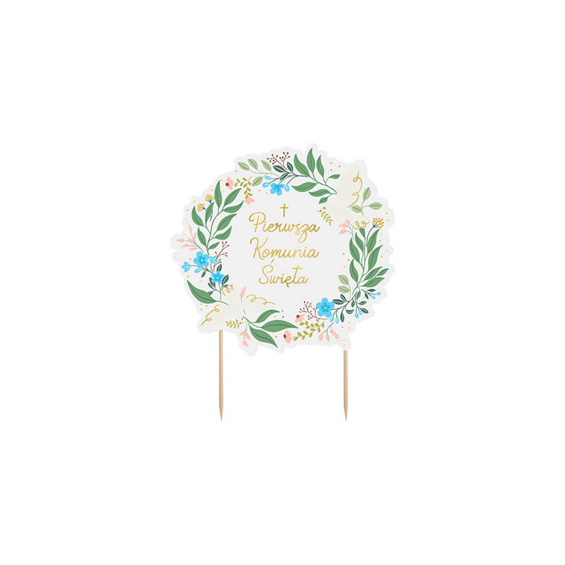 Topper PIERWSZA KOMUNIA Ozdoba na tort Kwiatowy