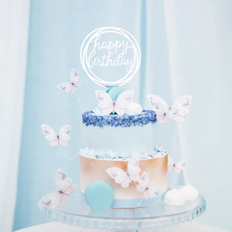 Happy Birthday Topper CIRCLE Silver acrylic