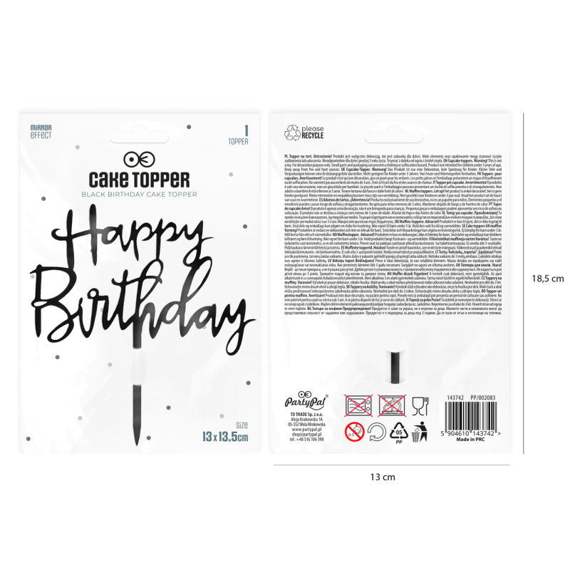 Topper Happy Birthday Akryl czarny 13 cm