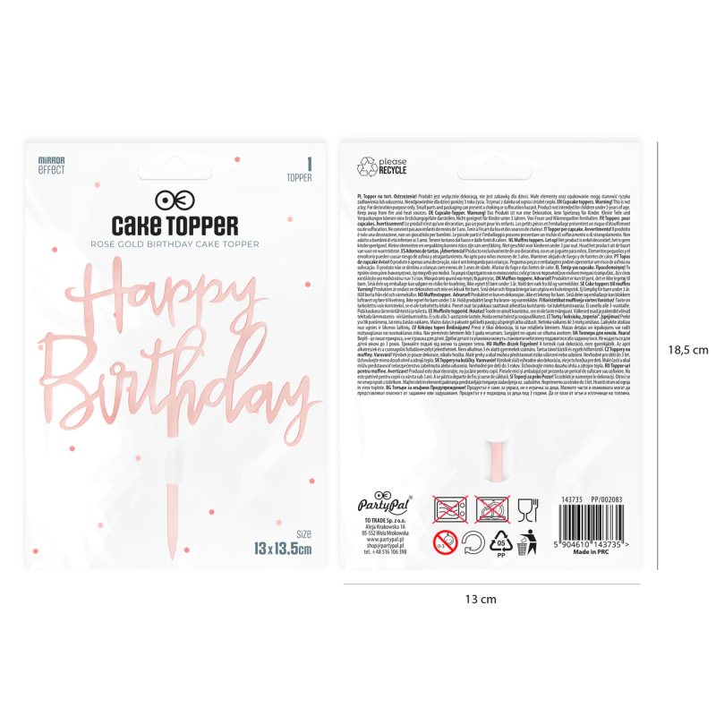 Happy Birthday Tortenaufsatz aus Acryl, Roségold, 13 cm