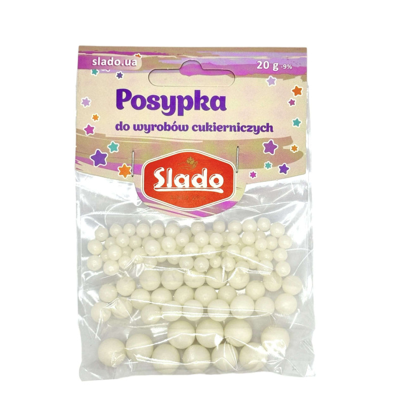 Posypka Slado perełki białe 3 rozmiary 20g 5mm 7mm 10mm