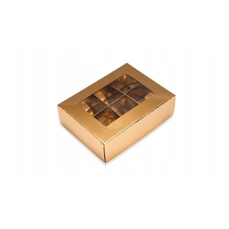 Eine Pappschachtel für 6 Pralinen. Goldene Pralinenschachtel.