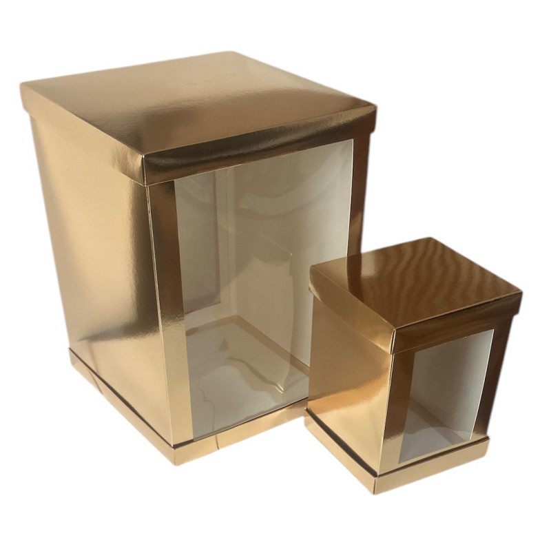 Opakowanie na tort 20x20x25 cm Pudełko wysokie ZŁOTE 2 okna