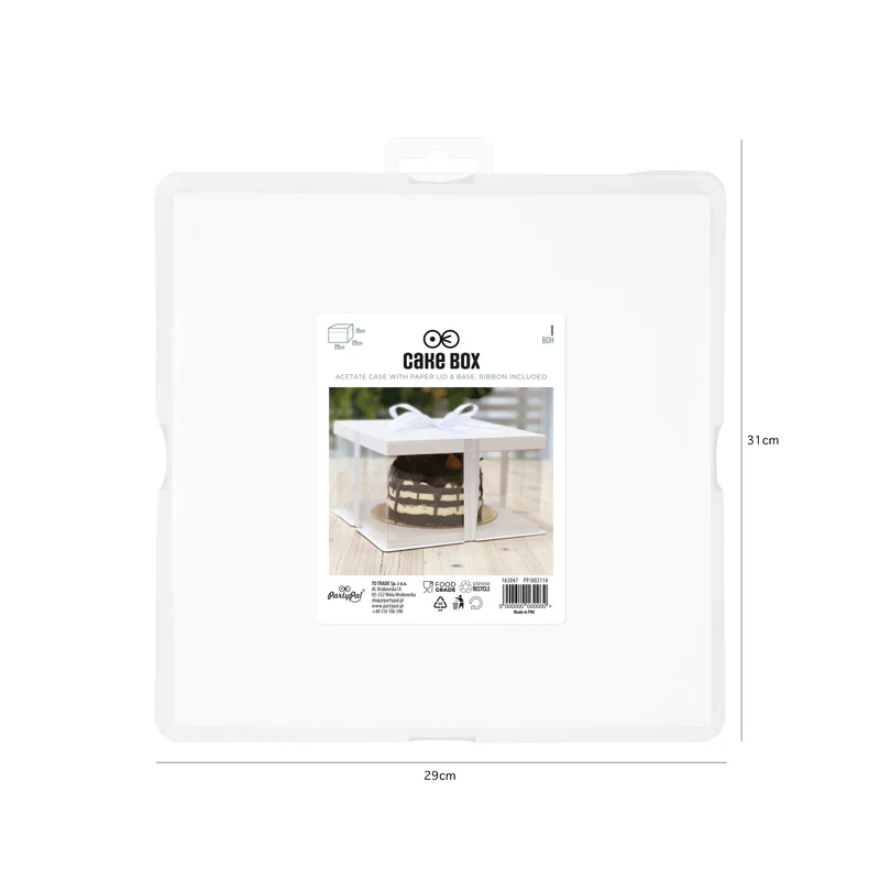 Opakowanie na tort 25x25x15 cm Pudełko przezroczyste z podkładem i wstążką