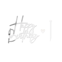 Topper na bok tortu Happy Birthday Akryl srebrny z pikerem