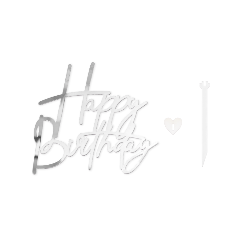 Topper na bok tortu Happy Birthday Akryl srebrny z pikerem