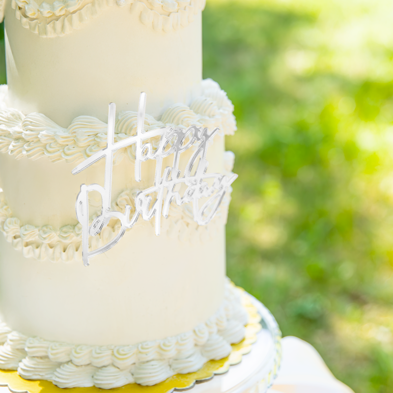 Topper na bok tortu Happy Birthday Akryl srebrny z pikerem