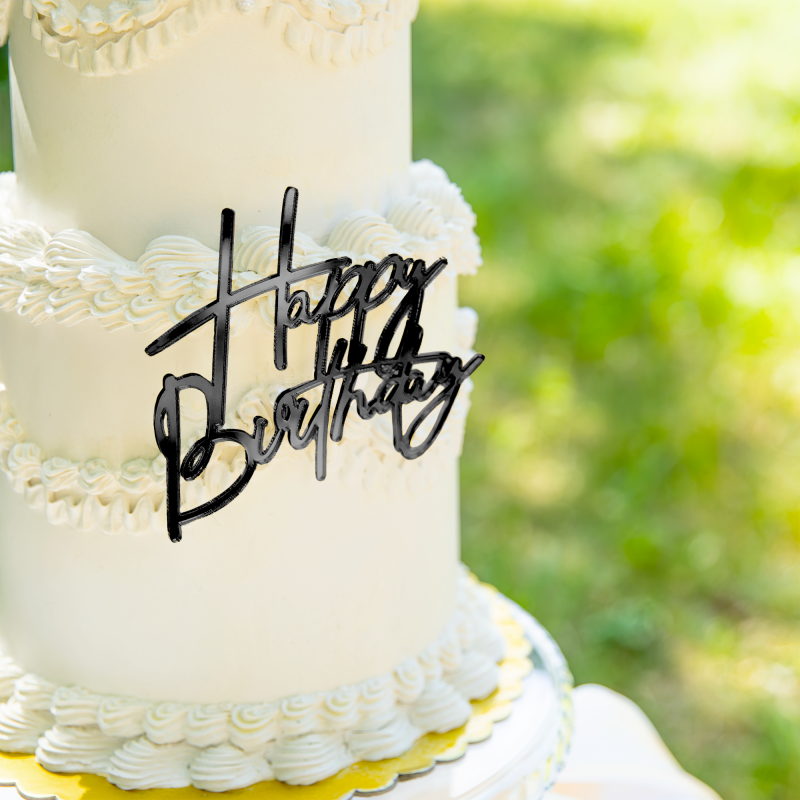 Topper na bok tortu Happy Birthday Akryl czarny z pikerem