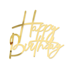 Topper na bok tortu Happy Birthday Akryl złoty z pikerem