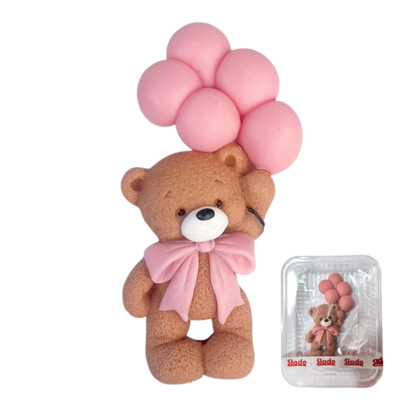 Slado Teddy bear sugar decoration with pink balloons 11 cm