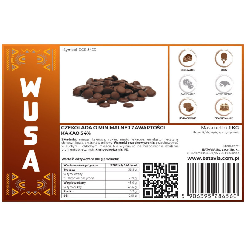 Batavia Schokoladentropfen, Zartbitterschokolade, Wusa, 54 % Kakaoanteil, 1 kg