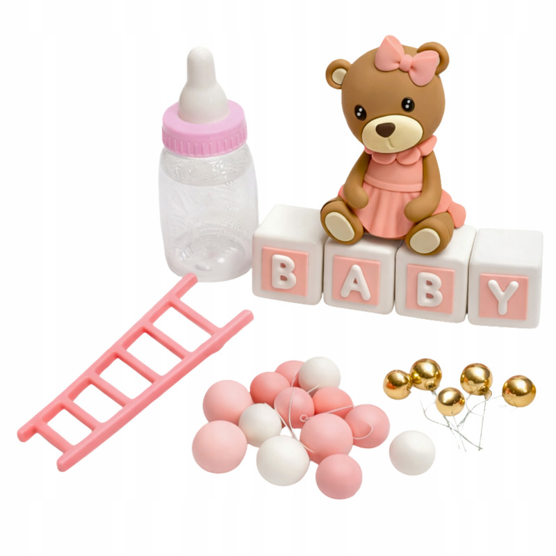 BALLS Topper Baby Girl Pink Bottle Teddy Bear Cake Set