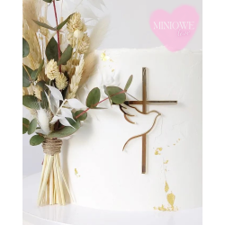 Dekor Miniowelove Topper na bok tortu złoty Komunia Krzyż + gołąb 8 cm