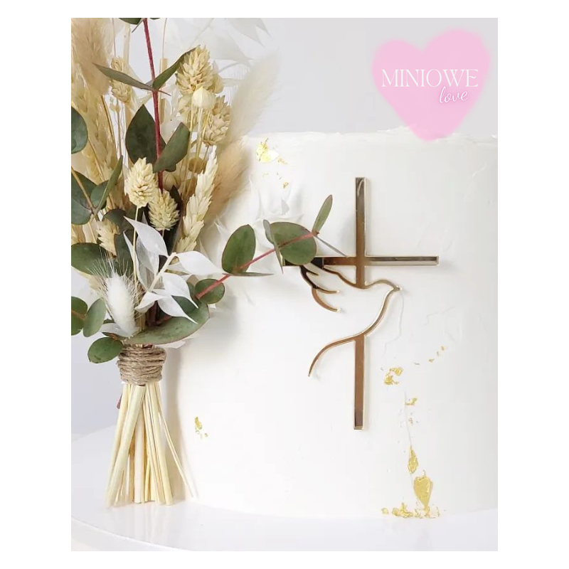 Dekor Miniowelove Topper na bok tortu złoty Komunia Krzyż + gołąb 8 cm