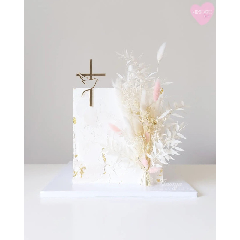 Dekor Miniowelove Topper na bok tortu złoty Komunia Krzyż + gołąb 8 cm