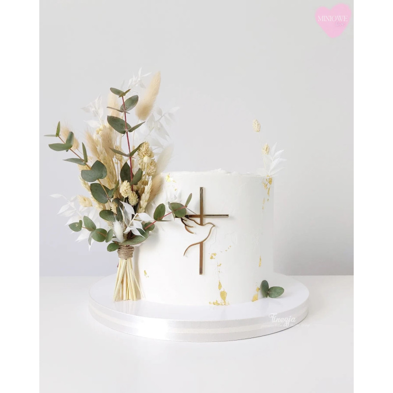 Dekor Miniowelove Topper na bok tortu złoty Komunia Krzyż + gołąb 8 cm