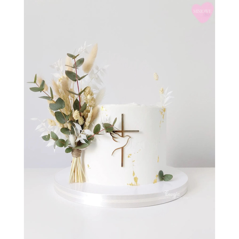 Dekor Miniowelove Topper na bok tortu złoty Komunia Krzyż + gołąb 10 cm