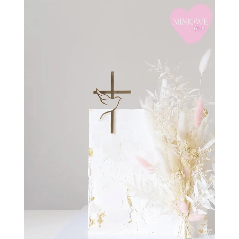 Dekor Miniowelove Topper na bok tortu złoty Komunia Krzyż + gołąb 10 cm