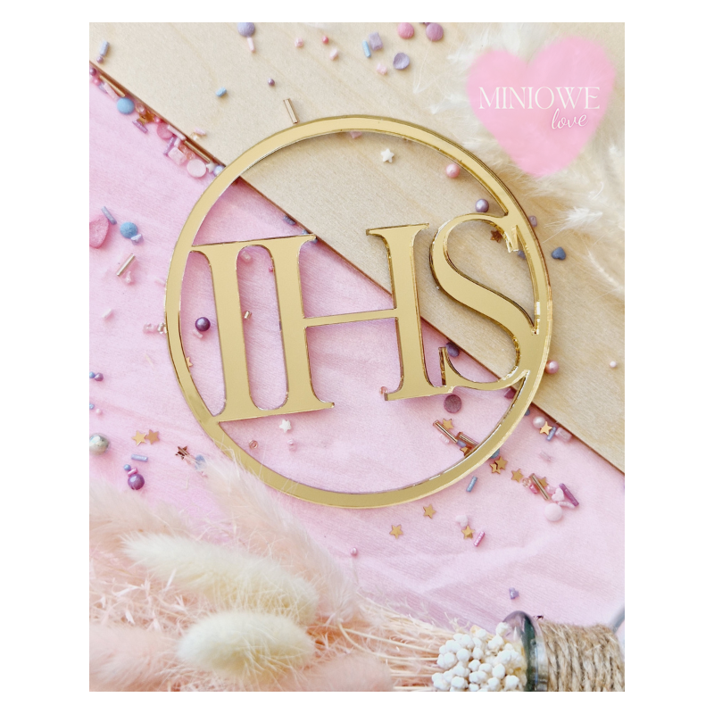 Dekor Miniowelove Topper na bok tortu złoty Komunia IHS koło 8 cm