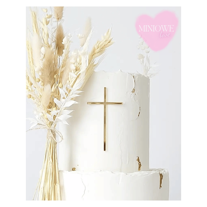 Dekor Miniowelove Topper na bok tortu złoty Komunia Krzyż smukły 10 cm