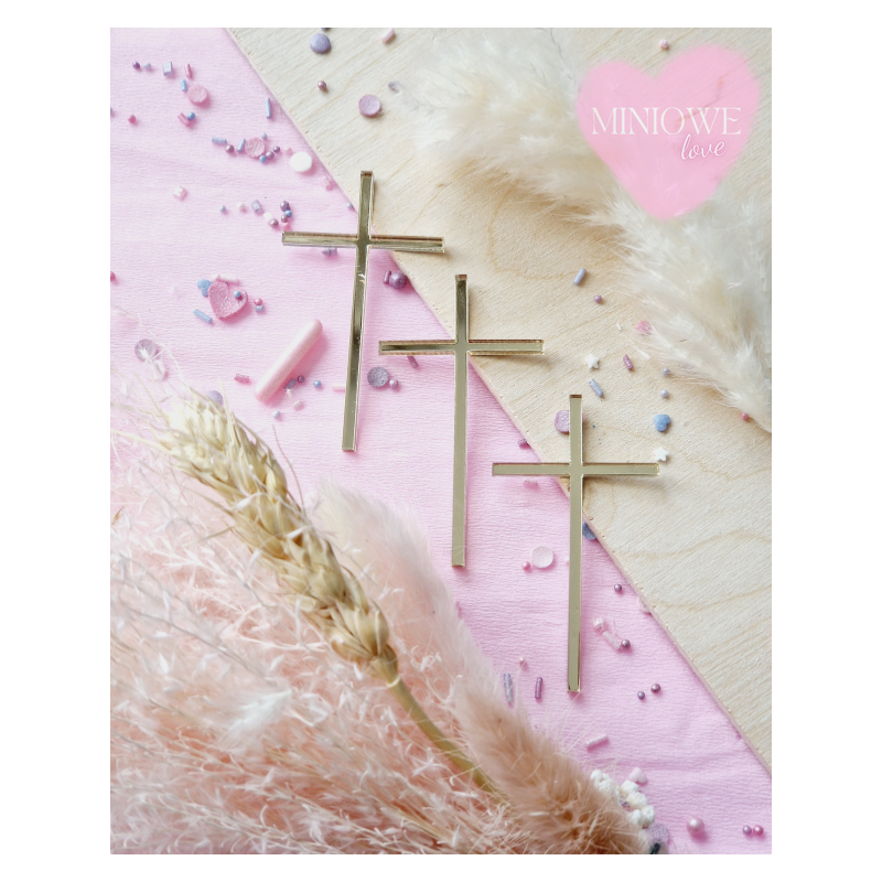 Dekor Miniowelove Topper na bok tortu złoty Komunia Krzyż smukły 6 cm 3 sztuki