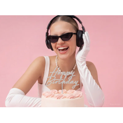 Topper Happy Birthday Srebrny brokatowy 18 cm duży