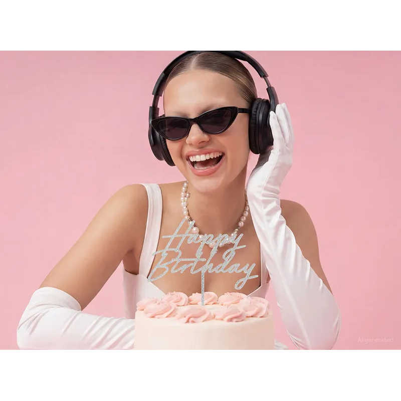 Topper Happy Birthday Srebrny brokatowy 18 cm duży